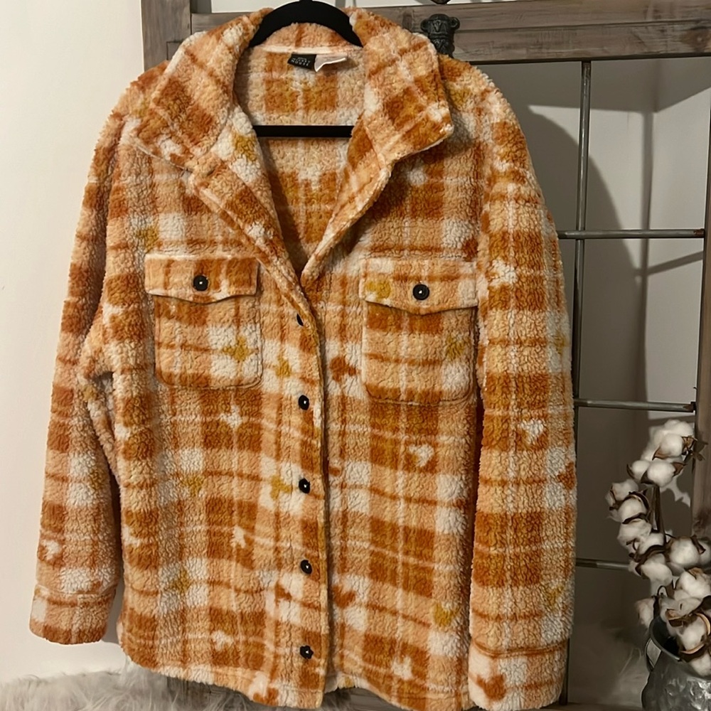 Plaid Sherpa Jacket - Orange and White
